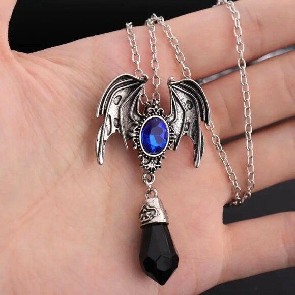 Necklace Bat Wings Pendant Silver Magic Goth Emo Scene Mythology Dangle Crystal - Picture 3 of 7